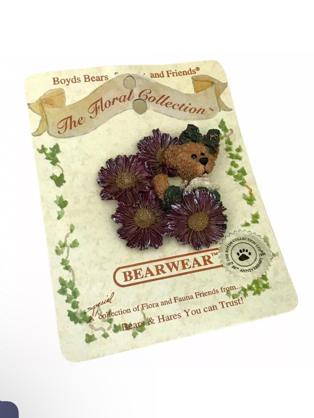 Boyds Bears Floral Bear Brooch in Purple Flowers